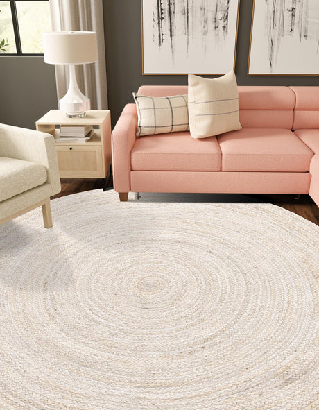 White 8' x 8' Braided Jute Round Area Rug 100% Jute Hand Braided Natural Eco-Friendly Boho Style Carpet for Living Rooms Dining Office Space Dorms for Sale at Rug Engine