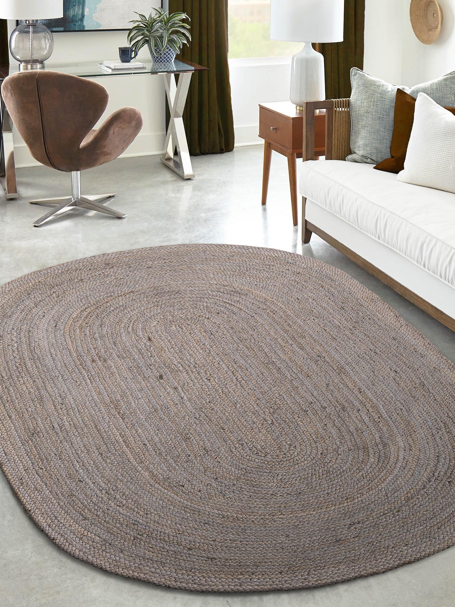 Gray 3' 3 x 5' 1 Braided Jute Oval Area Rug 100% Jute Hand Braided Natural Eco-Friendly Boho Style Carpet for Living Rooms Dining Office Space Dorms for Sale at Rug Engine
