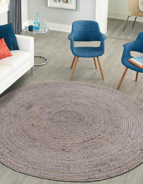 Gray 8' x 8' Braided Jute Round Area Rug 100% Jute Hand Braided Natural Eco-Friendly Boho Style Carpet for Living Rooms Dining Office Space Dorms for Sale at Rug Engine