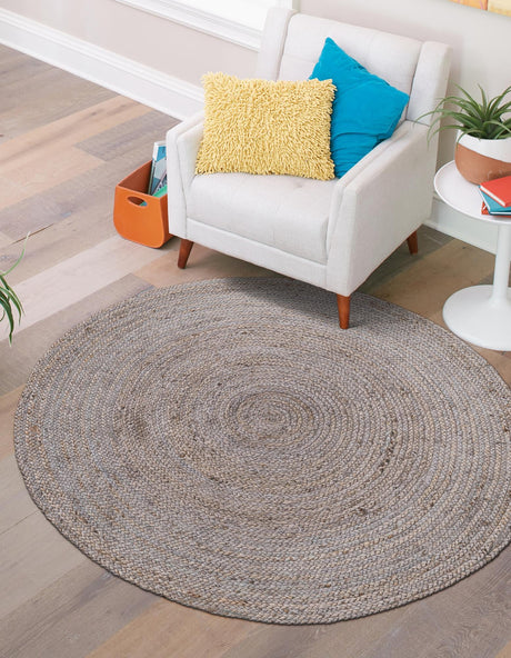 Gray 8' x 8' Braided Jute Round Area Rug 100% Jute Hand Braided Natural Eco-Friendly Boho Style Carpet for Living Rooms Dining Office Space Dorms for Sale at Rug Engine