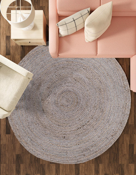 Gray 8' x 8' Braided Jute Round Area Rug 100% Jute Hand Braided Natural Eco-Friendly Boho Style Carpet for Living Rooms Dining Office Space Dorms for Sale at Rug Engine