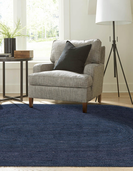 Navy Blue 8' x 10' Braided Jute Oval Area Rug 100% Jute Hand Braided Natural Eco-Friendly Boho Style Carpet for Living Rooms Dining Office Space Dorms for Sale at Rug Engine