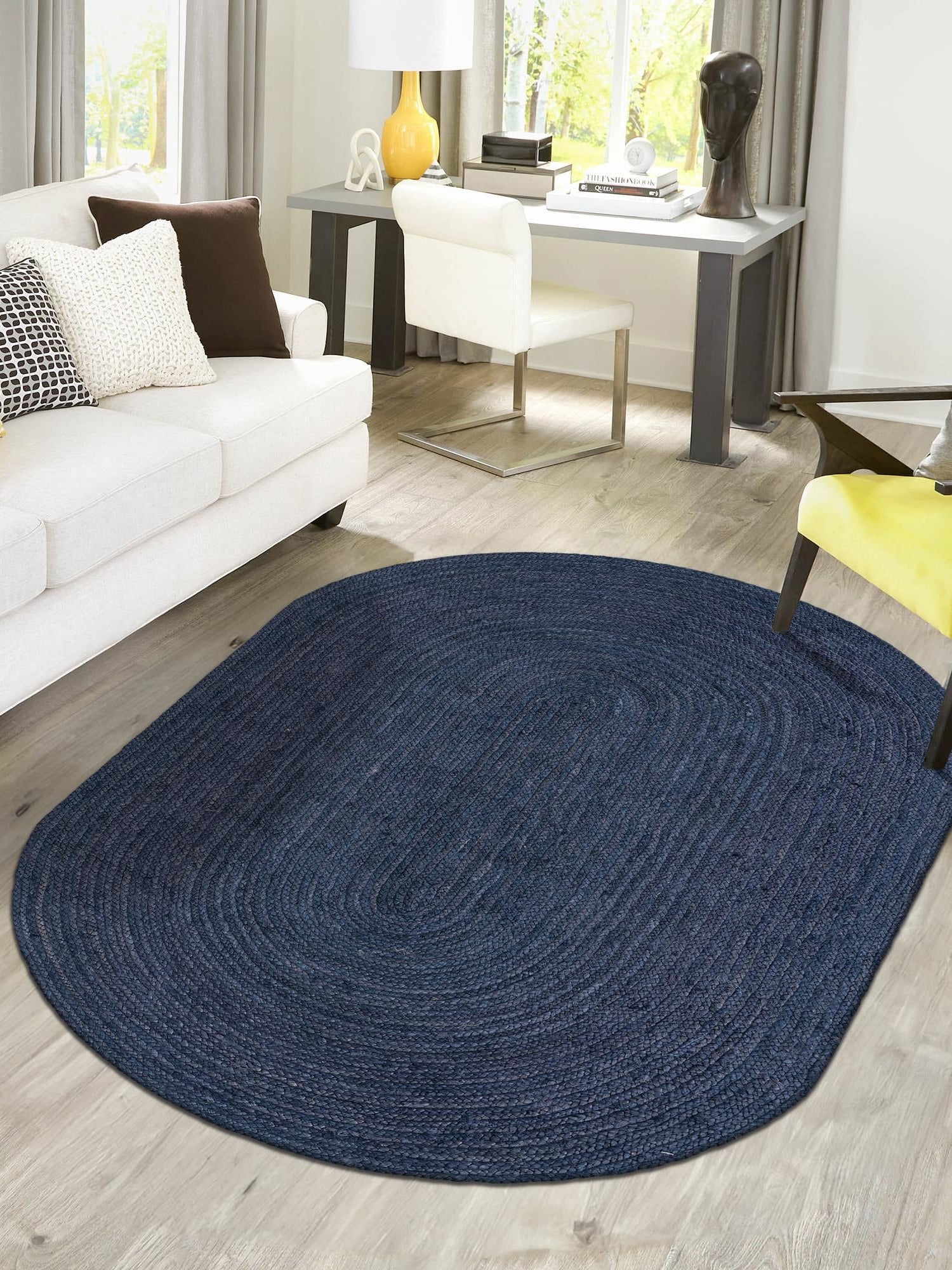Navy Blue 5' 1 x 8' Braided Jute Oval Area Rug 100% Jute Hand Braided Natural Eco-Friendly Boho Style Carpet for Living Rooms Dining Office Space Dorms for Sale at Rug Engine