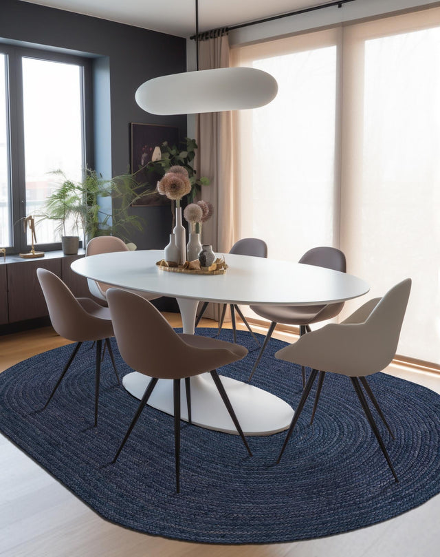 Navy Blue 3' 3 x 5' 1 Braided Jute Oval Rug