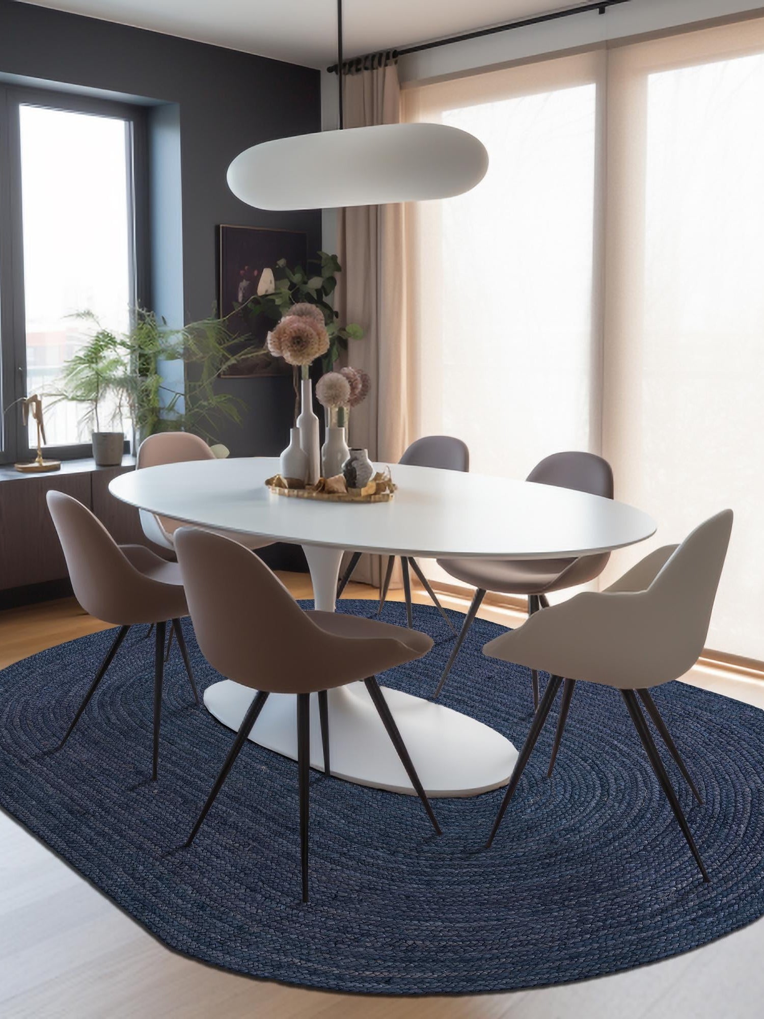 Navy Blue 5' 1 x 8' Braided Jute Oval Area Rug 100% Jute Hand Braided Natural Eco-Friendly Boho Style Carpet for Living Rooms Dining Office Space Dorms for Sale at Rug Engine