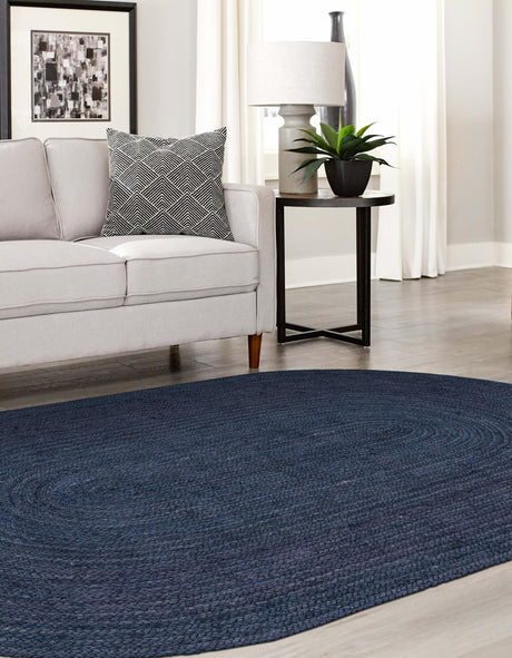 Navy Blue 8' x 10' Braided Jute Oval Area Rug 100% Jute Hand Braided Natural Eco-Friendly Boho Style Carpet for Living Rooms Dining Office Space Dorms for Sale at Rug Engine