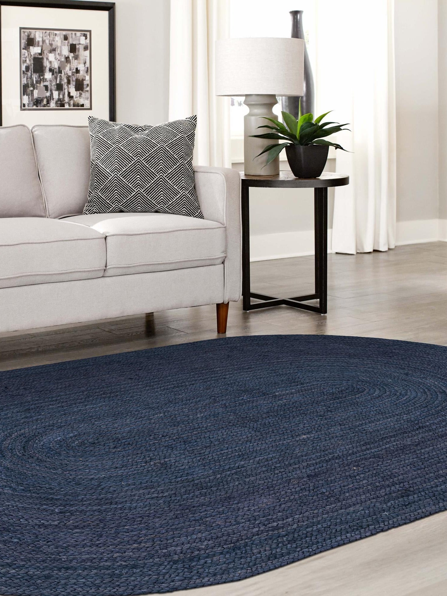 Navy Blue 5' 1 x 8' Braided Jute Oval Area Rug 100% Jute Hand Braided Natural Eco-Friendly Boho Style Carpet for Living Rooms Dining Office Space Dorms for Sale at Rug Engine