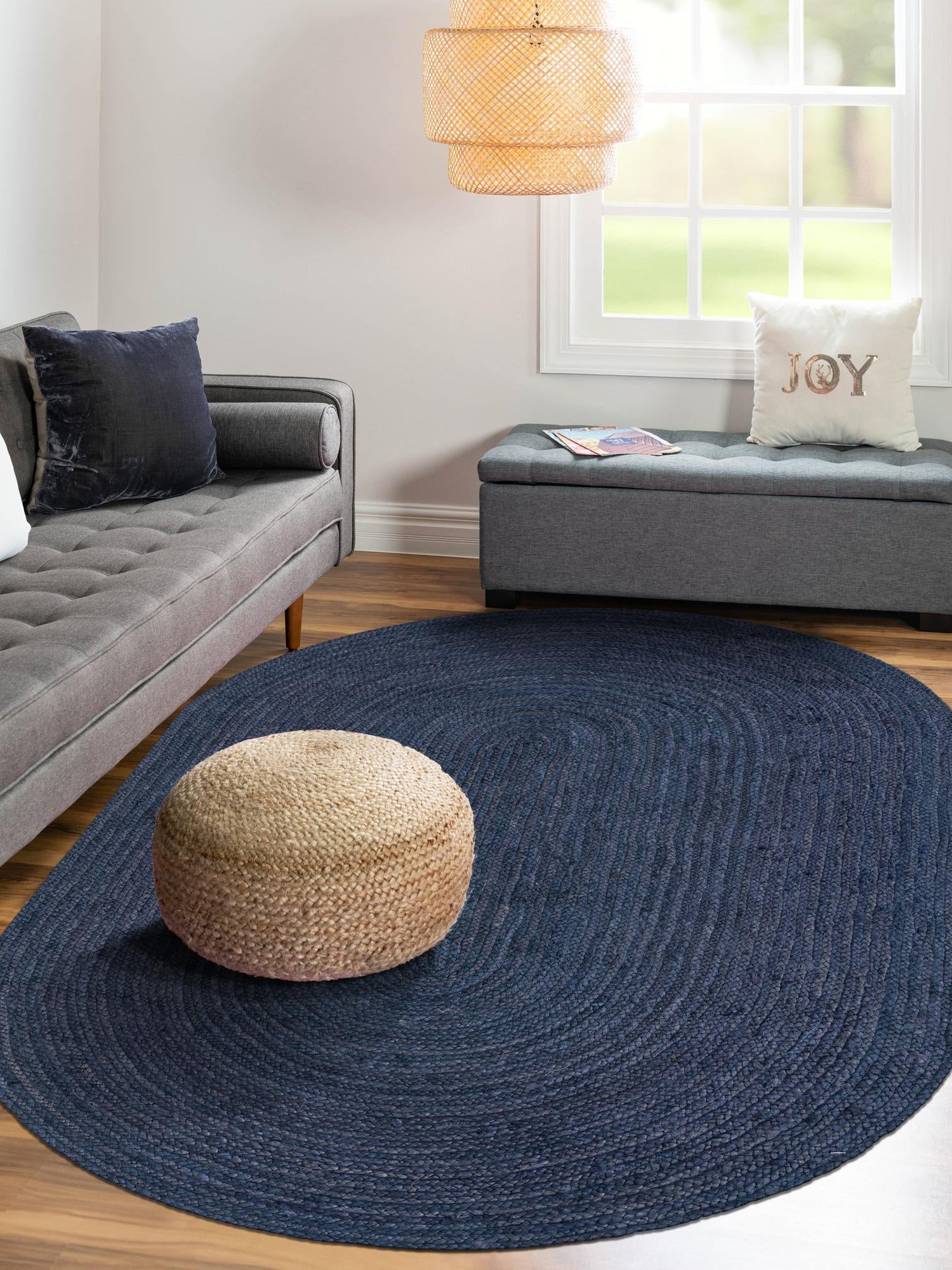 Navy Blue 5' 1 x 8' Braided Jute Oval Area Rug 100% Jute Hand Braided Natural Eco-Friendly Boho Style Carpet for Living Rooms Dining Office Space Dorms for Sale at Rug Engine