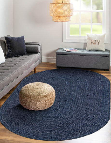 Navy Blue 5' 1 x 8' Braided Jute Oval Area Rug 100% Jute Hand Braided Natural Eco-Friendly Boho Style Carpet for Living Rooms Dining Office Space Dorms for Sale at Rug Engine