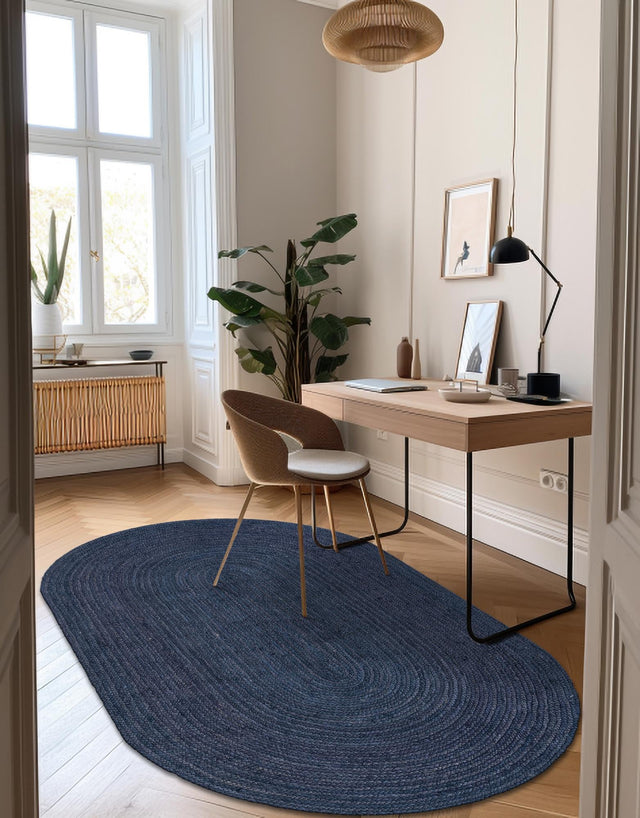 Navy Blue 3' 3 x 5' 1 Braided Jute Oval Rug