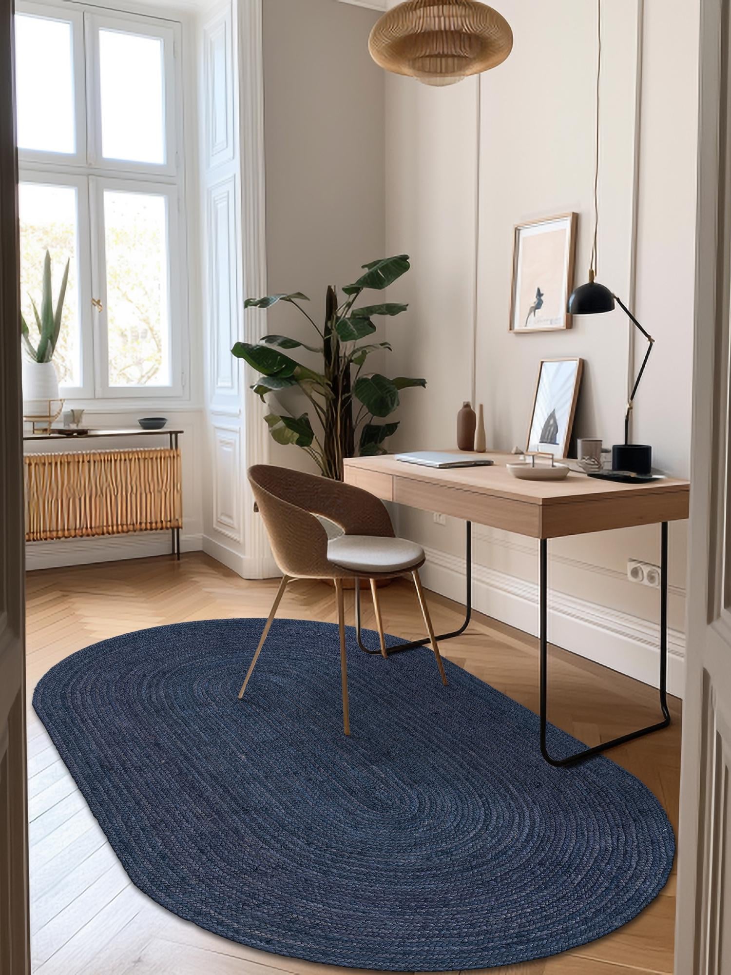 Navy Blue 5' 1 x 8' Braided Jute Oval Area Rug 100% Jute Hand Braided Natural Eco-Friendly Boho Style Carpet for Living Rooms Dining Office Space Dorms for Sale at Rug Engine