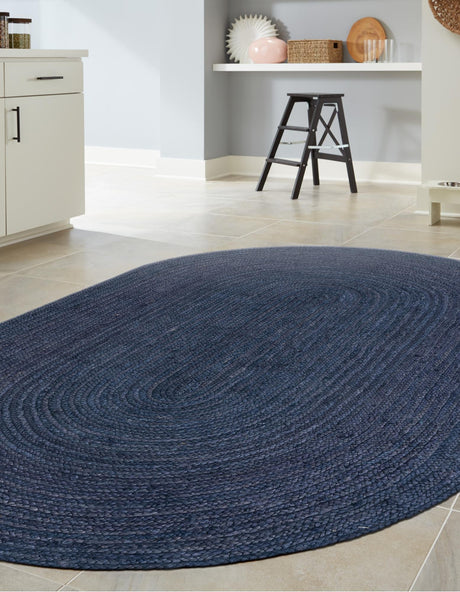 Navy Blue 8' x 10' Braided Jute Oval Area Rug 100% Jute Hand Braided Natural Eco-Friendly Boho Style Carpet for Living Rooms Dining Office Space Dorms for Sale at Rug Engine