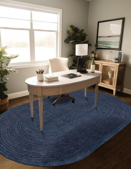 Navy Blue 8' x 10' Braided Jute Oval Area Rug 100% Jute Hand Braided Natural Eco-Friendly Boho Style Carpet for Living Rooms Dining Office Space Dorms for Sale at Rug Engine