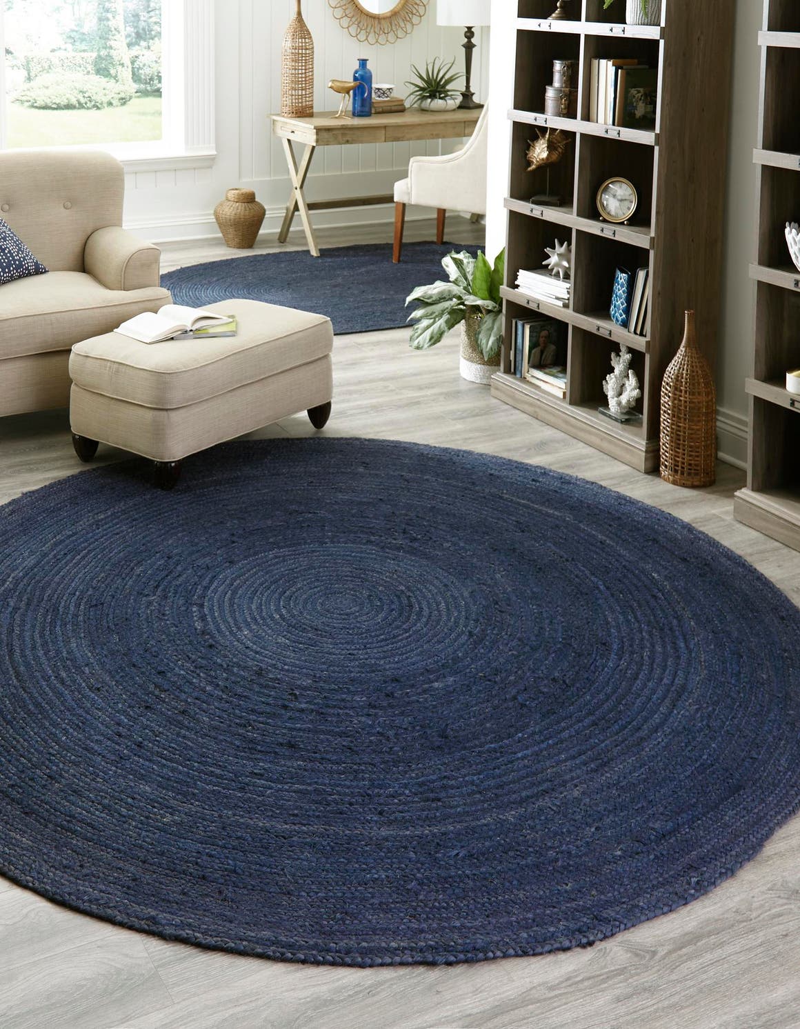 Navy Blue 5' 1 x 5' 1 Braided Jute Round Area Rug 100% Jute Hand Braided Natural Eco-Friendly Boho Style Carpet for Living Rooms Dining Office Space Dorms for Sale at Rug Engine