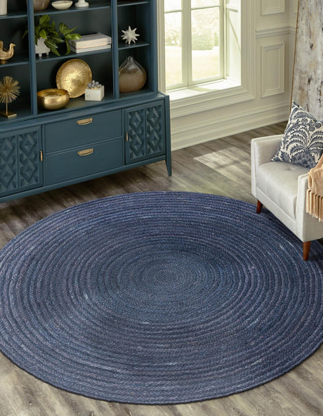 Navy Blue 5' 1 x 5' 1 Braided Jute Round Area Rug 100% Jute Hand Braided Natural Eco-Friendly Boho Style Carpet for Living Rooms Dining Office Space Dorms for Sale at Rug Engine