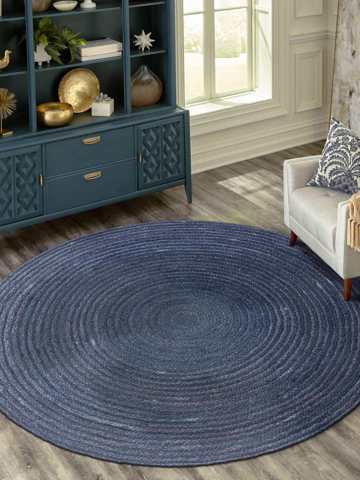 Navy Blue 8' x 8' Braided Jute Round Area Rug 100% Jute Hand Braided Natural Eco-Friendly Boho Style Carpet for Living Rooms Dining Office Space Dorms for Sale at Rug Engine