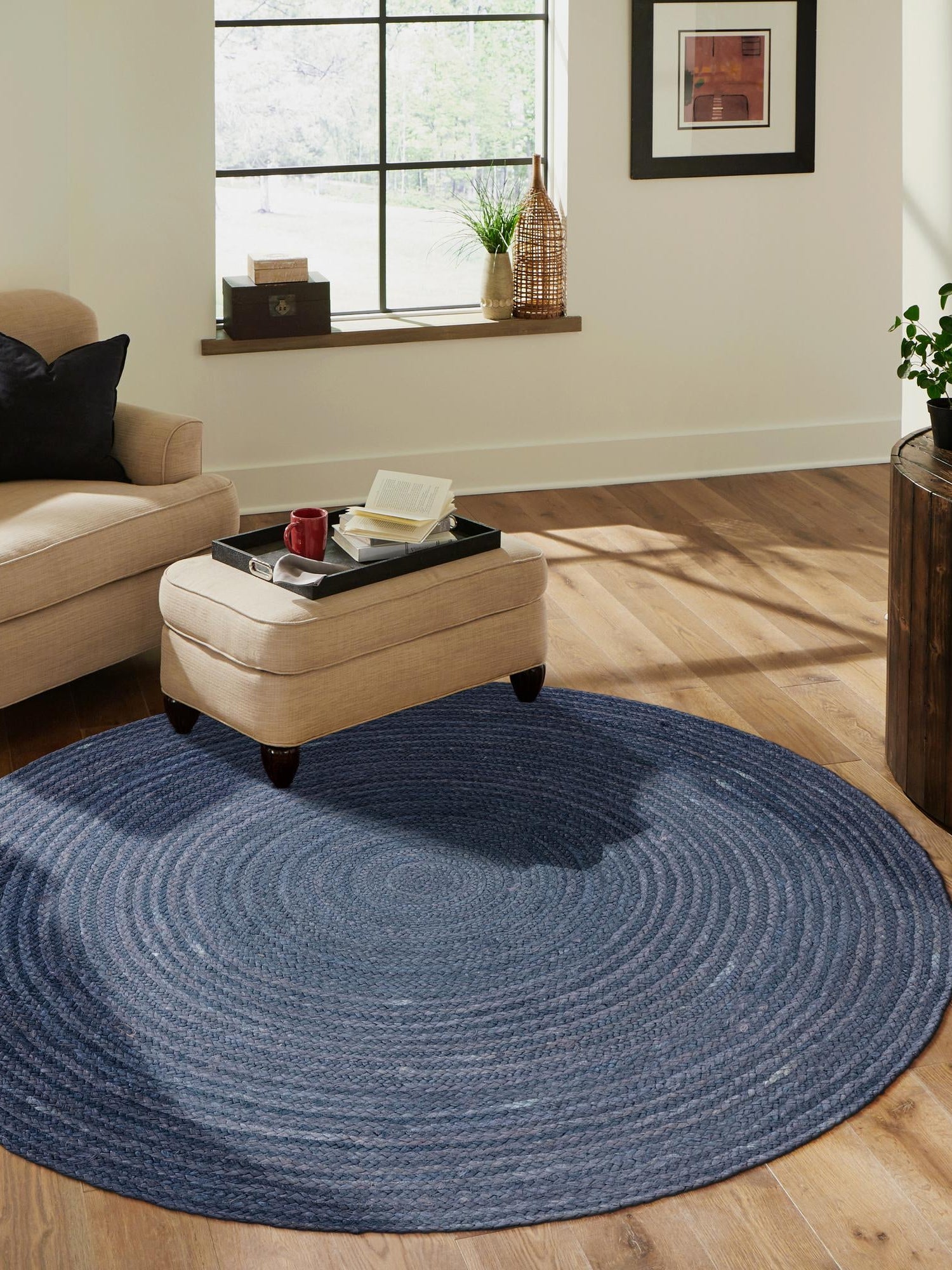 Navy Blue 5' 1 x 5' 1 Braided Jute Round Area Rug 100% Jute Hand Braided Natural Eco-Friendly Boho Style Carpet for Living Rooms Dining Office Space Dorms for Sale at Rug Engine