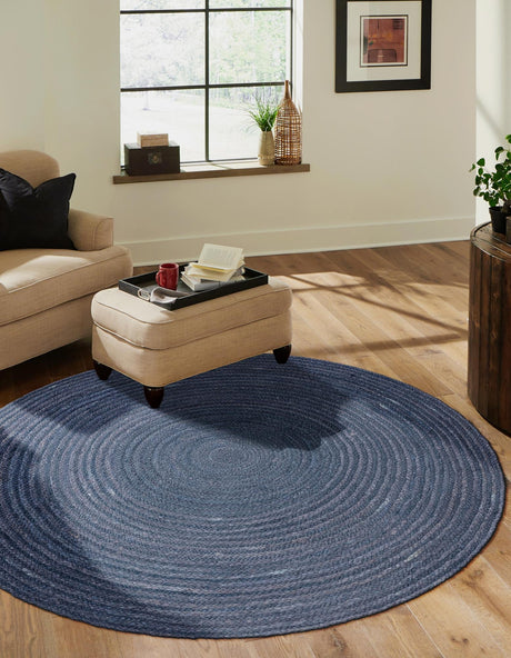 Navy Blue 5' 1 x 5' 1 Braided Jute Round Area Rug 100% Jute Hand Braided Natural Eco-Friendly Boho Style Carpet for Living Rooms Dining Office Space Dorms for Sale at Rug Engine