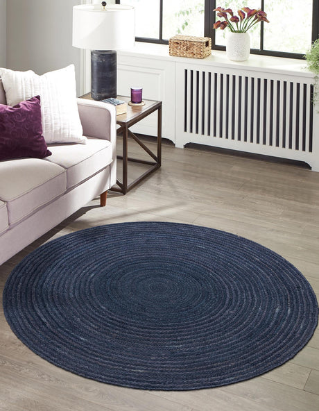 Navy Blue 3' 3 x 3' 3 Braided Jute Round Area Rug 100% Jute Hand Braided Natural Eco-Friendly Boho Style Carpet for Living Rooms Dining Office Space Dorms for Sale at Rug Engine