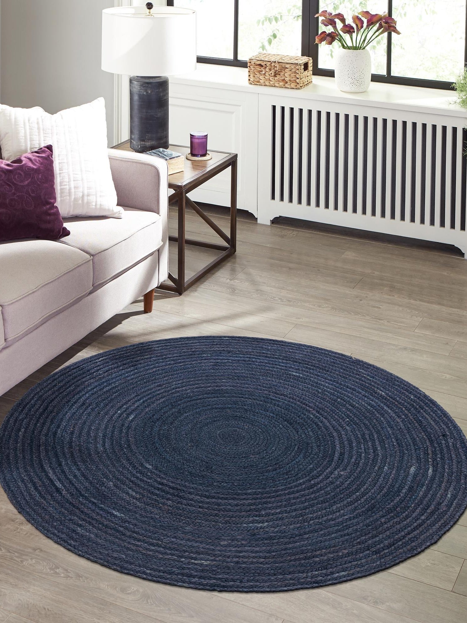 Navy Blue 8' x 8' Braided Jute Round Area Rug 100% Jute Hand Braided Natural Eco-Friendly Boho Style Carpet for Living Rooms Dining Office Space Dorms for Sale at Rug Engine