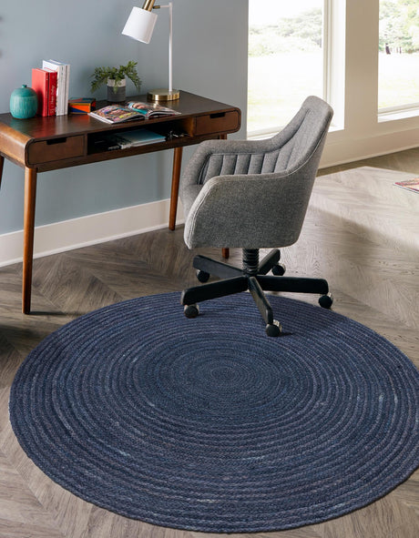 Navy Blue 3' 3 x 3' 3 Braided Jute Round Area Rug 100% Jute Hand Braided Natural Eco-Friendly Boho Style Carpet for Living Rooms Dining Office Space Dorms for Sale at Rug Engine