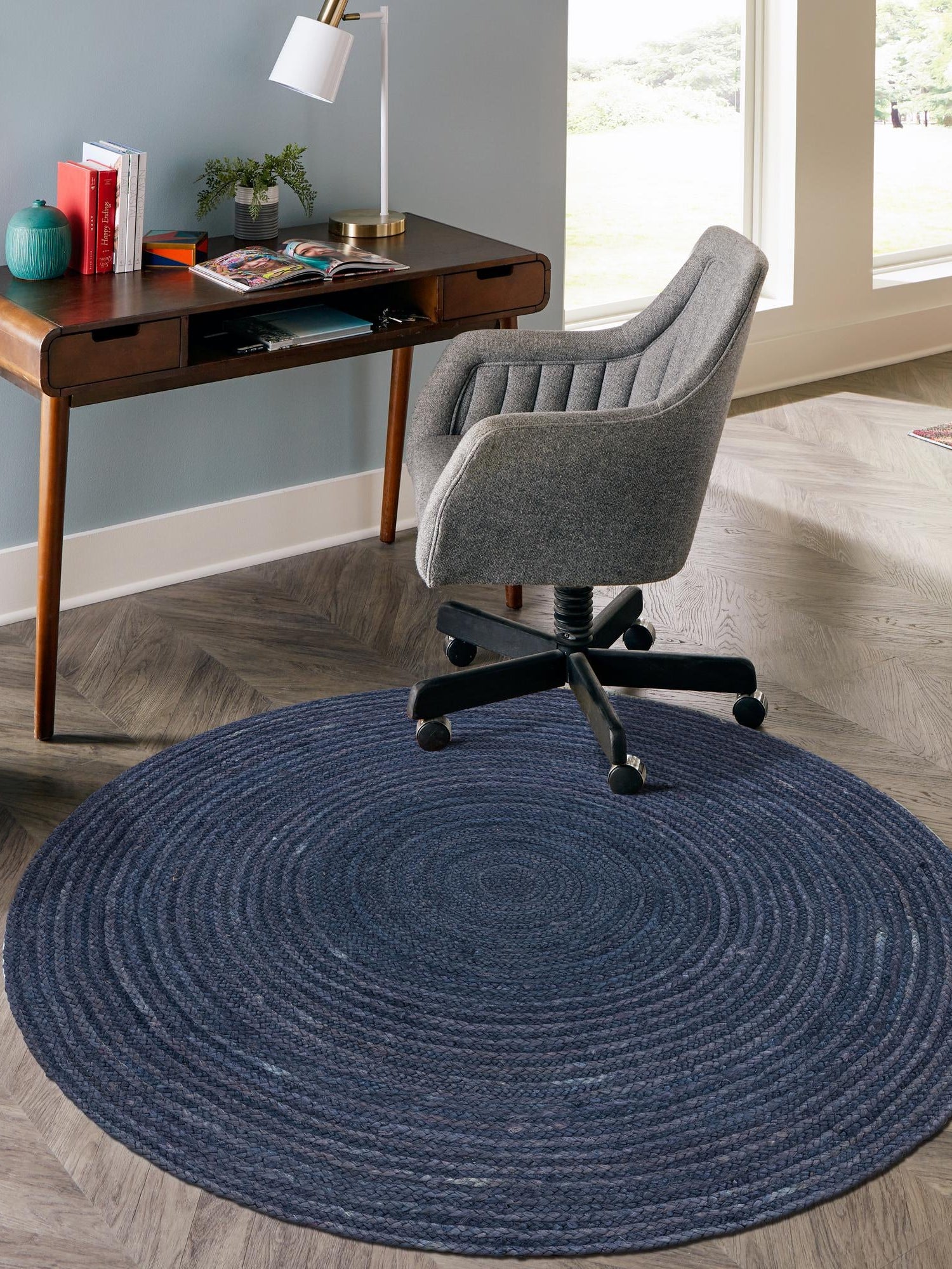 Navy Blue 5' 1 x 5' 1 Braided Jute Round Area Rug 100% Jute Hand Braided Natural Eco-Friendly Boho Style Carpet for Living Rooms Dining Office Space Dorms for Sale at Rug Engine