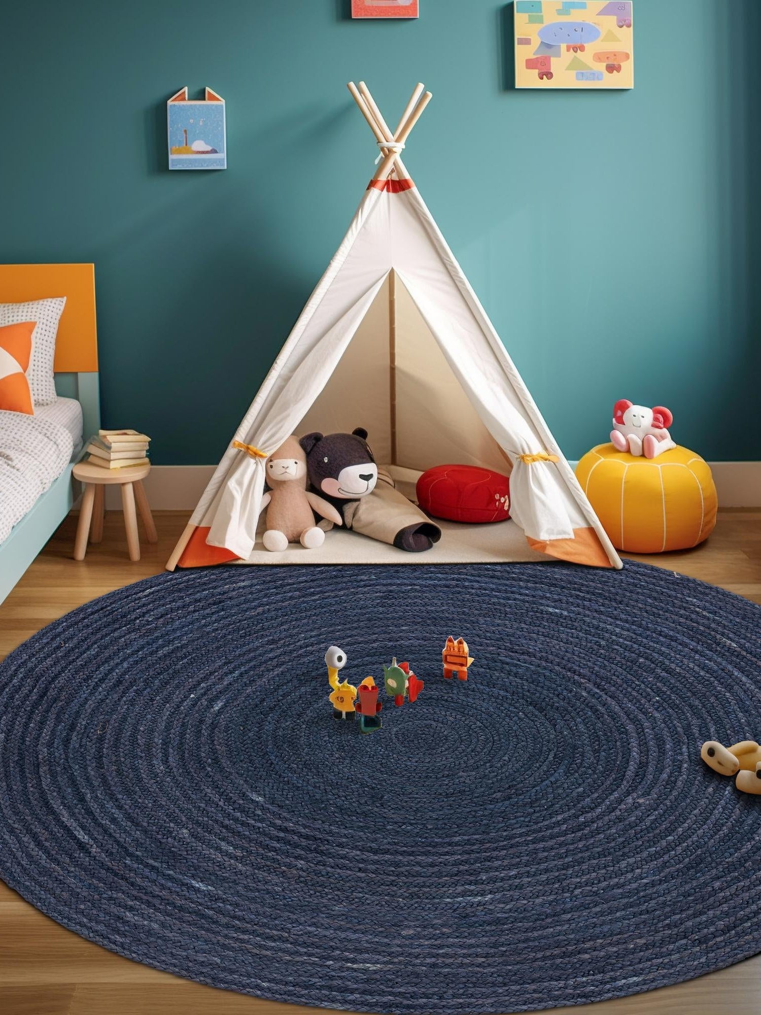 Navy Blue 5' 1 x 5' 1 Braided Jute Round Area Rug 100% Jute Hand Braided Natural Eco-Friendly Boho Style Carpet for Living Rooms Dining Office Space Dorms for Sale at Rug Engine
