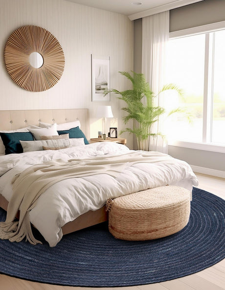 Navy Blue 3' 3 x 3' 3 Braided Jute Round Area Rug 100% Jute Hand Braided Natural Eco-Friendly Boho Style Carpet for Living Rooms Dining Office Space Dorms for Sale at Rug Engine