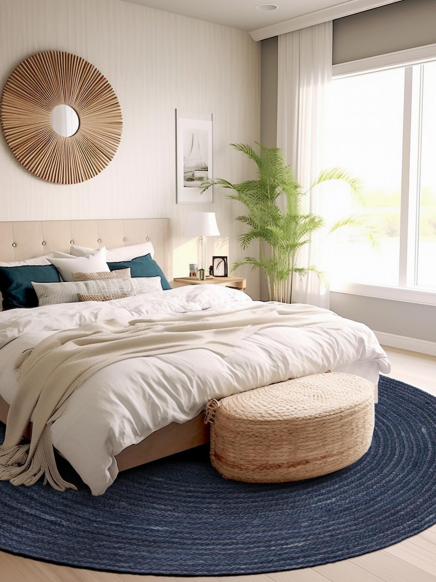 Navy Blue 5' 1 x 5' 1 Braided Jute Round Area Rug 100% Jute Hand Braided Natural Eco-Friendly Boho Style Carpet for Living Rooms Dining Office Space Dorms for Sale at Rug Engine