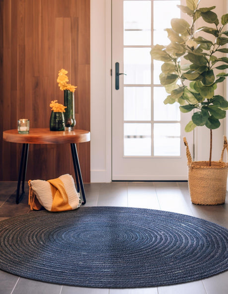 Navy Blue 3' 3 x 3' 3 Braided Jute Round Area Rug 100% Jute Hand Braided Natural Eco-Friendly Boho Style Carpet for Living Rooms Dining Office Space Dorms for Sale at Rug Engine