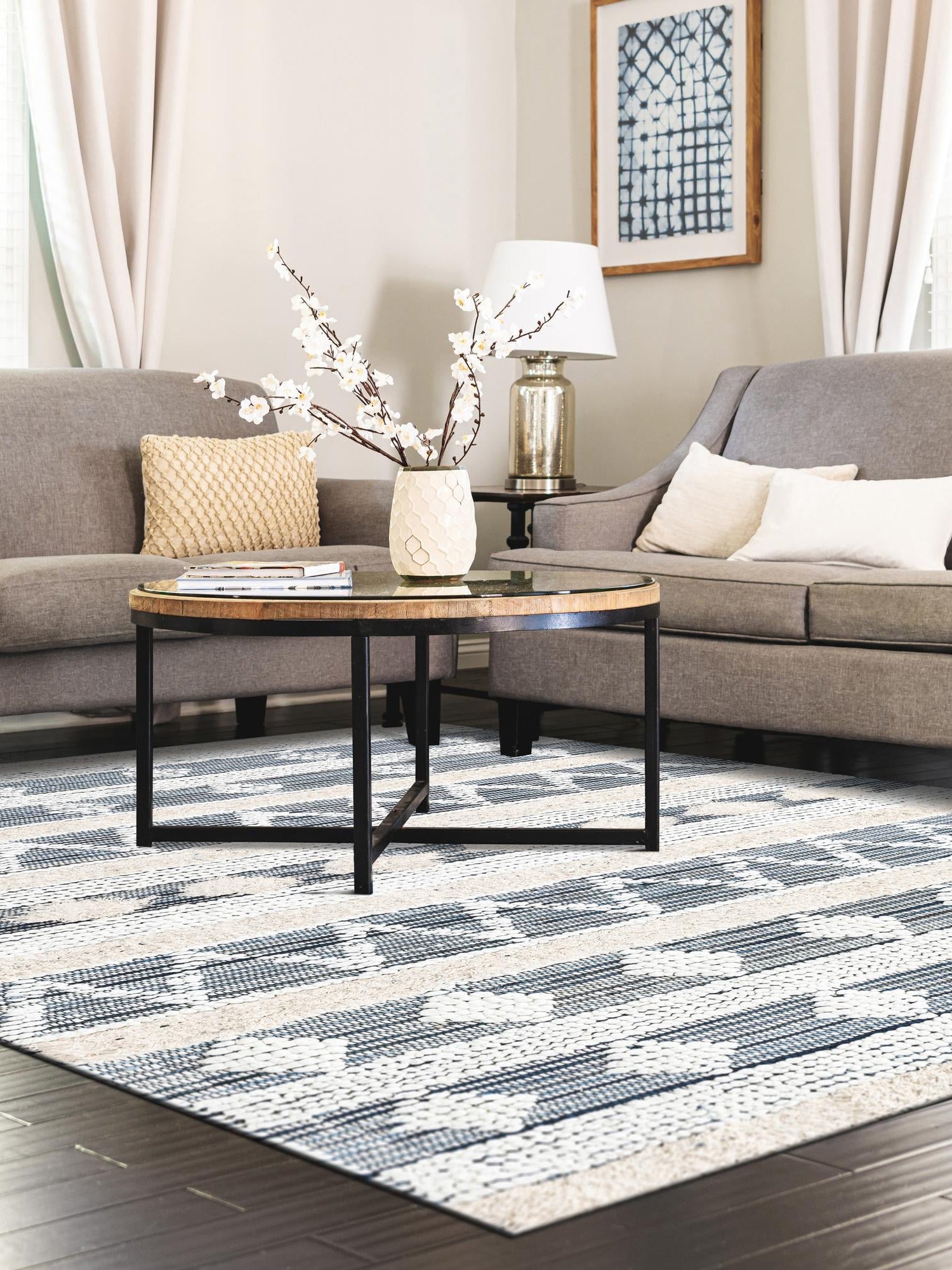 Ivory 9' x 12' Cotton Chindi Rectangle Area Rug Geometric Boho Carpet Mat for Interior Design Home Decor for Sale at Rug Engine