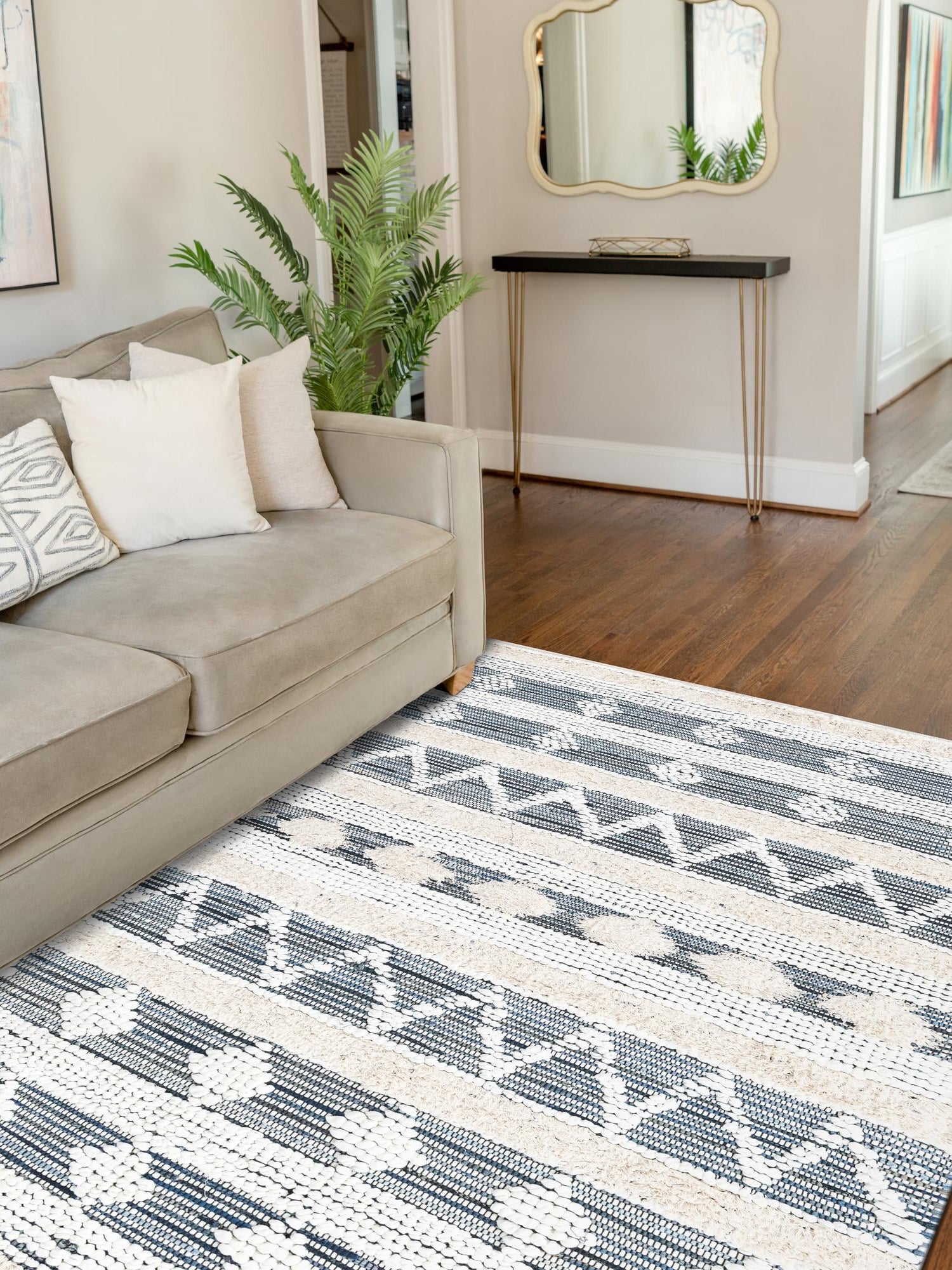 Ivory 5' 1 x 8' Cotton Chindi Rectangle Area Rug Geometric Boho Carpet Mat for Interior Design Home Decor for Sale at Rug Engine