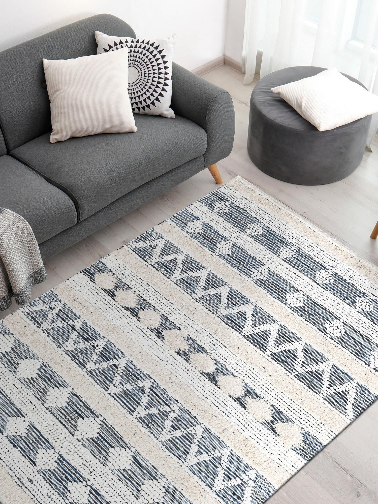 Ivory 9' x 12' Cotton Chindi Rectangle Area Rug Geometric Boho Carpet Mat for Interior Design Home Decor for Sale at Rug Engine
