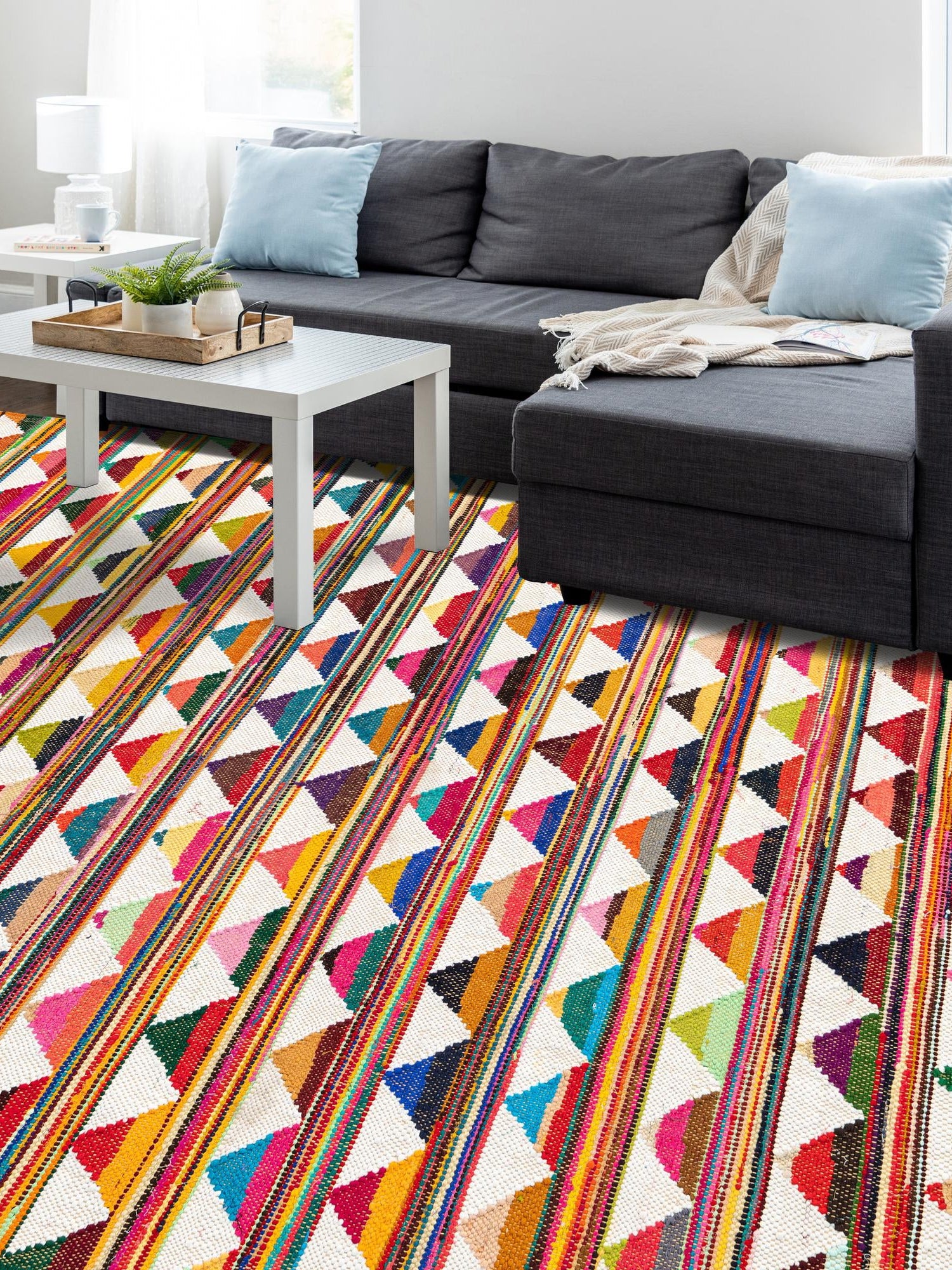 Multicolor 5' 1 x 8' Chindi Trellis Rectangle Area Rug Natural Eco-Friendly Cotton Geometric Pattern Carpet for Living Dining Room Office Bedrooms for Sale at Rug Engine