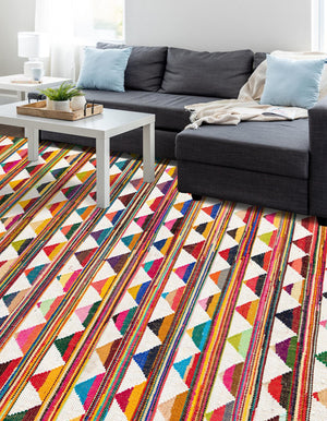 Multicolor 5' 1 x 8' Chindi Trellis Rectangle Area Rug Natural Eco-Friendly Cotton Geometric Pattern Carpet for Living Dining Room Office Bedrooms for Sale at Rug Engine