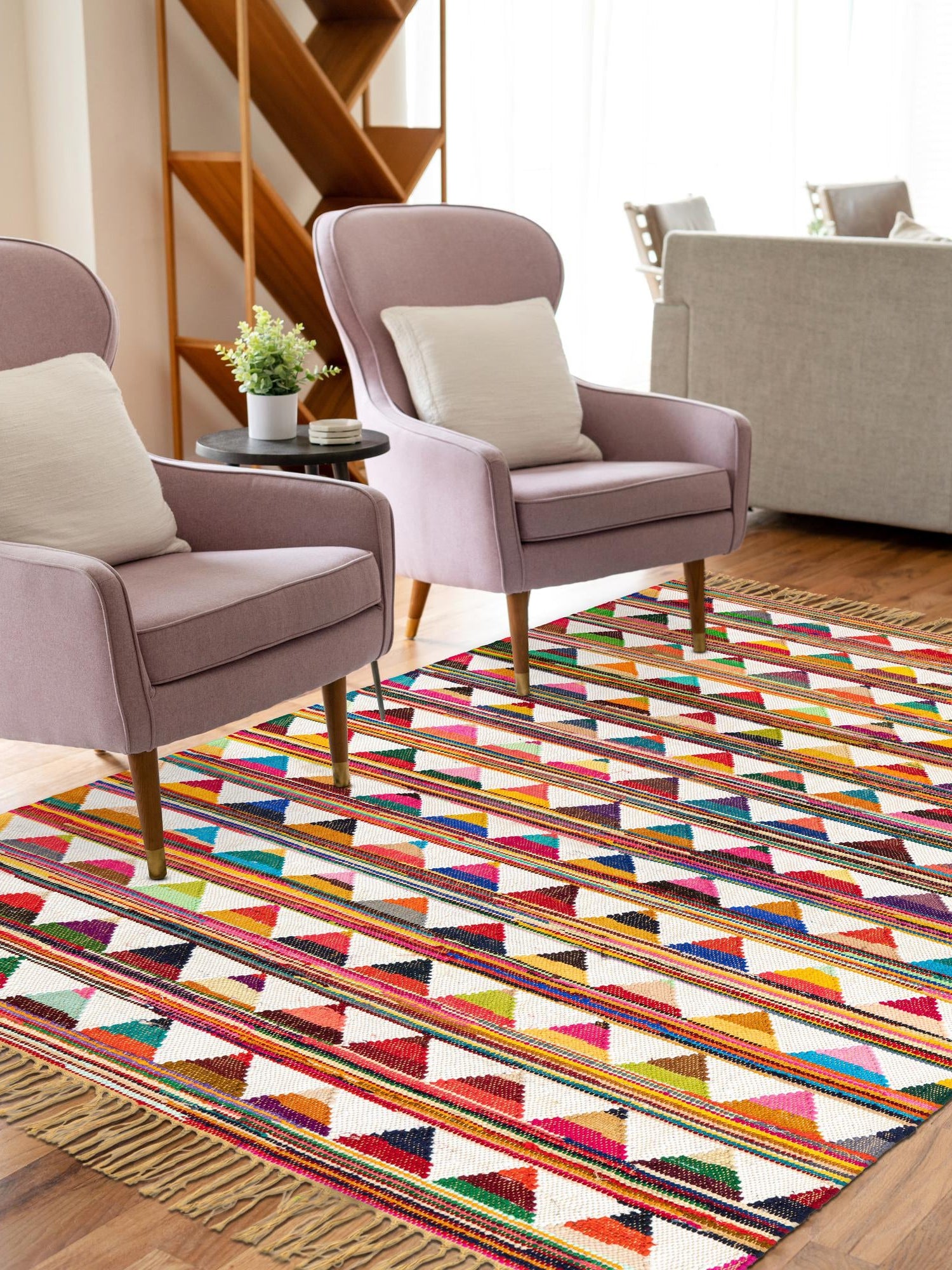 Multicolor 5' 1 x 8' Chindi Trellis Rectangle Area Rug Natural Eco-Friendly Cotton Geometric Pattern Carpet for Living Dining Room Office Bedrooms for Sale at Rug Engine