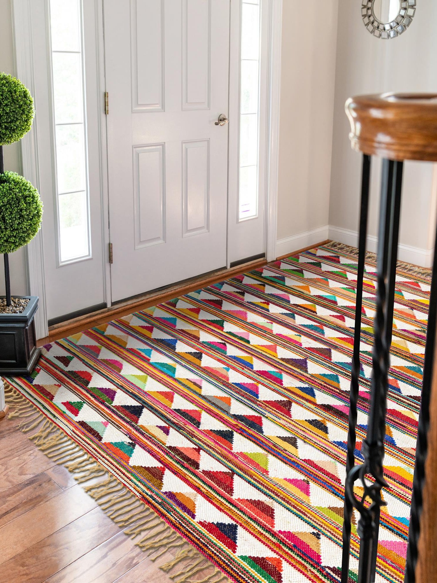 Multicolor 5' 1 x 8' Chindi Trellis Rectangle Area Rug Natural Eco-Friendly Cotton Geometric Pattern Carpet for Living Dining Room Office Bedrooms for Sale at Rug Engine