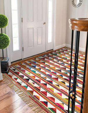 Multicolor 5' 1 x 8' Chindi Trellis Rectangle Area Rug Natural Eco-Friendly Cotton Geometric Pattern Carpet for Living Dining Room Office Bedrooms for Sale at Rug Engine