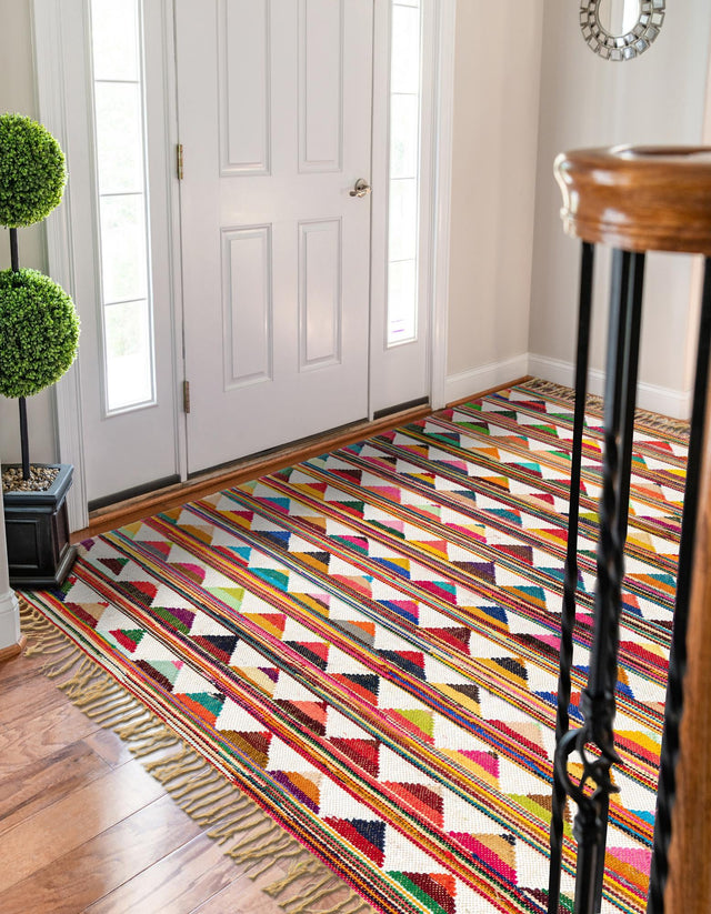 Multicolor 5' 1 x 8' Chindi Trellis Rectangle Area Rug Natural Eco-Friendly Cotton Geometric Pattern Carpet for Living Dining Room Office Bedrooms for Sale at Rug Engine