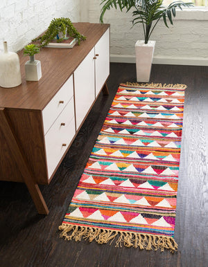 Multicolor 2' 2 x 6' 1 Chindi Trellis Runner Area Rug Natural Eco-Friendly Cotton Geometric Pattern Carpet for Living Dining Room Office Bedrooms for Sale at Rug Engine