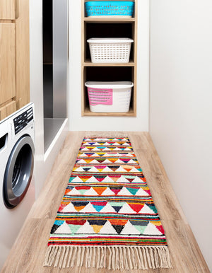 Multicolor 2' 2 x 6' 1 Chindi Trellis Runner Area Rug Natural Eco-Friendly Cotton Geometric Pattern Carpet for Living Dining Room Office Bedrooms for Sale at Rug Engine