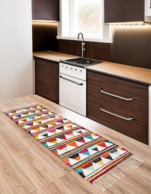 Multicolor 2' 2 x 6' 1 Chindi Trellis Runner Area Rug Natural Eco-Friendly Cotton Geometric Pattern Carpet for Living Dining Room Office Bedrooms for Sale at Rug Engine