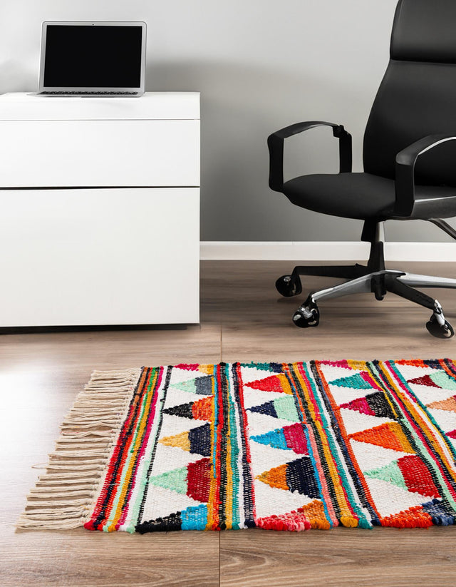 Multicolor 2' 2 x 6' 1 Chindi Trellis Runner Area Rug Natural Eco-Friendly Cotton Geometric Pattern Carpet for Living Dining Room Office Bedrooms for Sale at Rug Engine