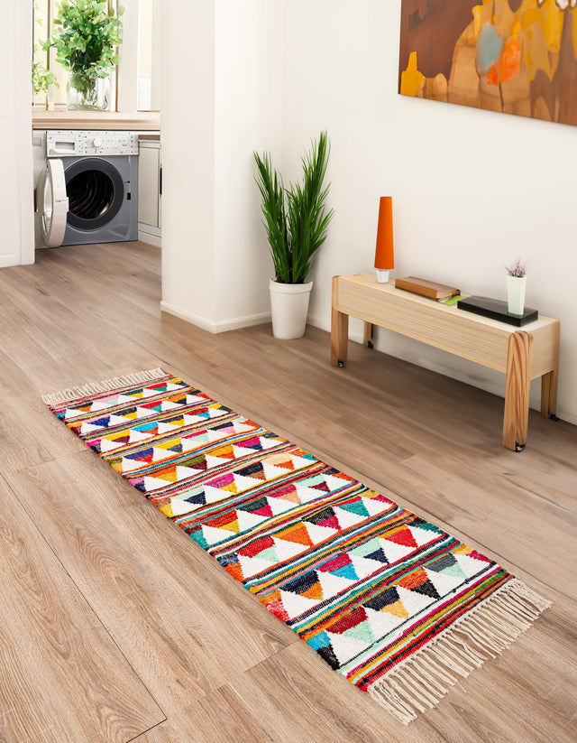 Multicolor 2' 2 x 6' 1 Chindi Trellis Runner Area Rug Natural Eco-Friendly Cotton Geometric Pattern Carpet for Living Dining Room Office Bedrooms for Sale at Rug Engine