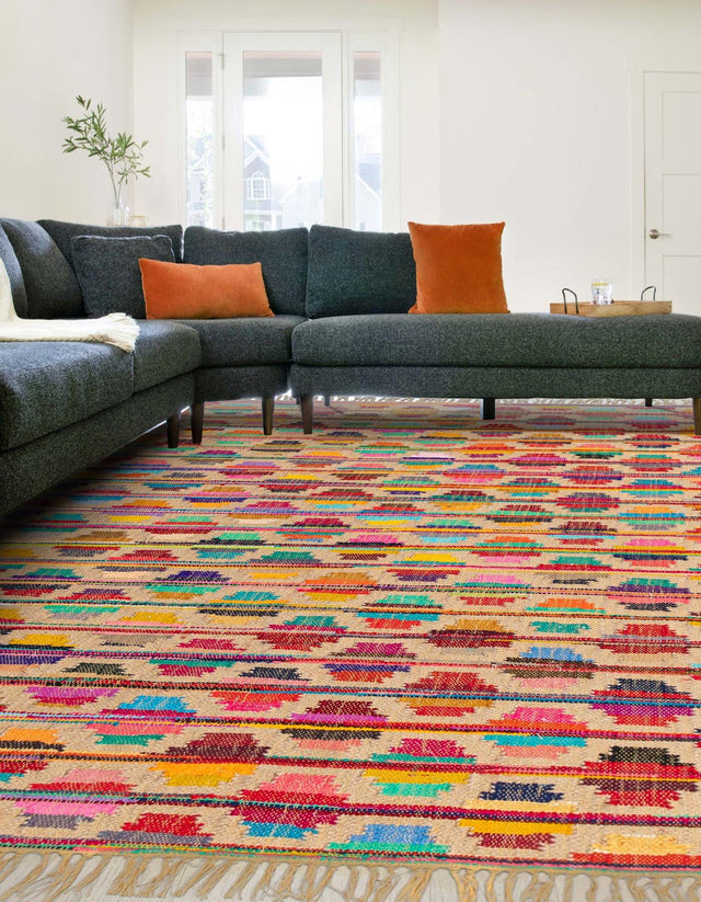Multicolor 4' 1 x 6' 1 Chindi Trellis Rectangle Area Rug Natural Eco-Friendly Cotton Geometric Pattern Carpet for Living Dining Room Office Bedrooms for Sale at Rug Engine