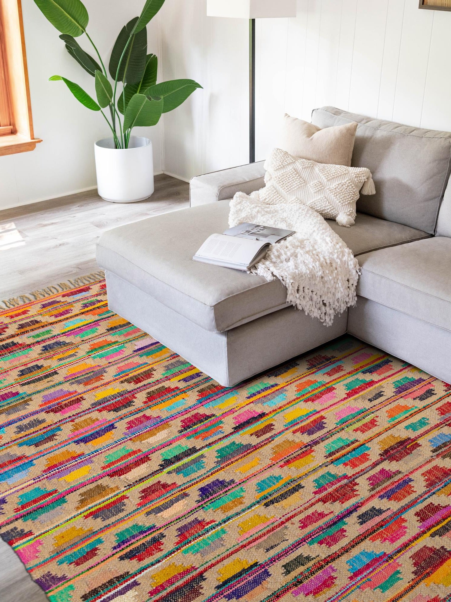 Multicolor 4' 1 x 6' 1 Chindi Trellis Rectangle Area Rug Natural Eco-Friendly Cotton Geometric Pattern Carpet for Living Dining Room Office Bedrooms for Sale at Rug Engine
