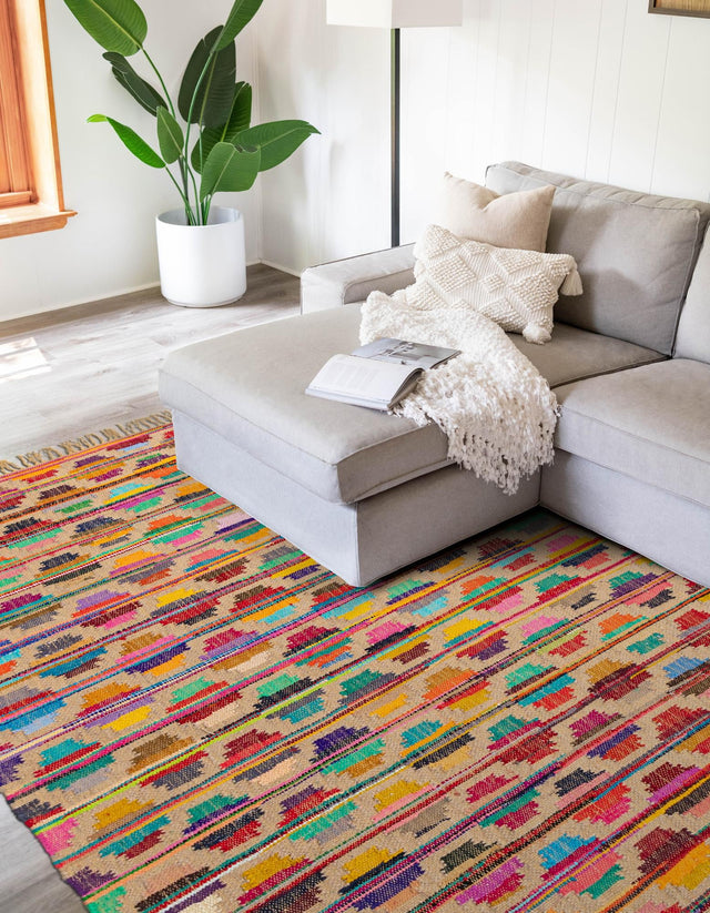 Multicolor 4' 1 x 6' 1 Chindi Trellis Rectangle Area Rug Natural Eco-Friendly Cotton Geometric Pattern Carpet for Living Dining Room Office Bedrooms for Sale at Rug Engine