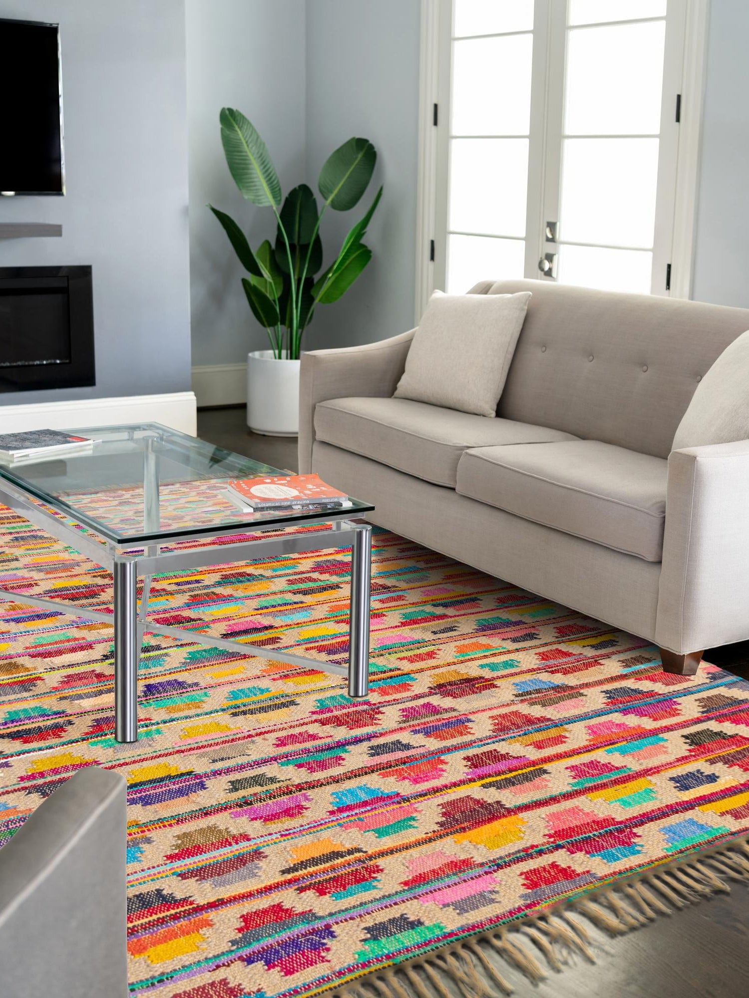 Multicolor 7' 1 x 10' Chindi Trellis Rectangle Area Rug Natural Eco-Friendly Cotton Geometric Pattern Carpet for Living Dining Room Office Bedrooms for Sale at Rug Engine