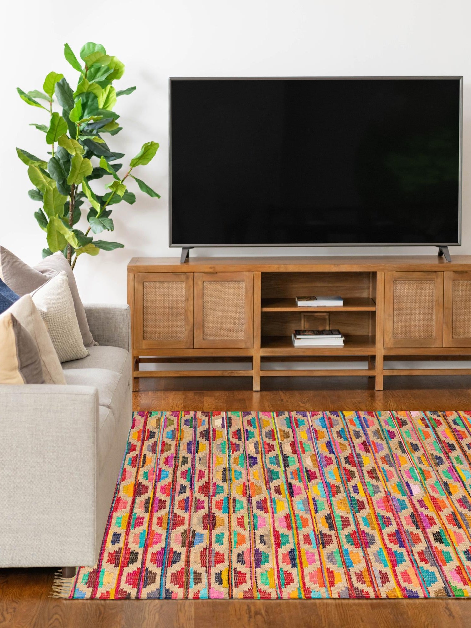 Multicolor 7' 1 x 10' Chindi Trellis Rectangle Area Rug Natural Eco-Friendly Cotton Geometric Pattern Carpet for Living Dining Room Office Bedrooms for Sale at Rug Engine