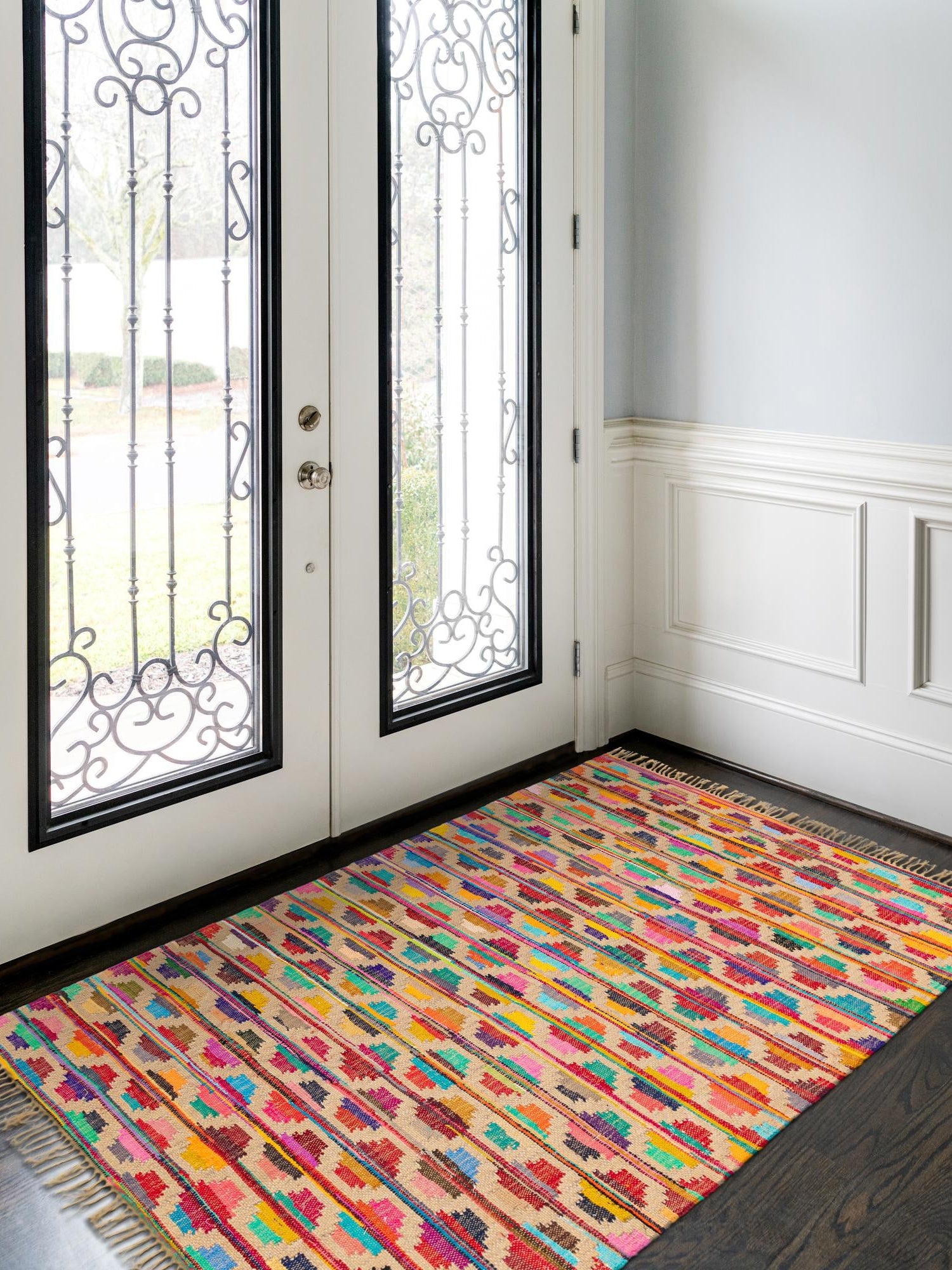 Multicolor 7' 1 x 10' Chindi Trellis Rectangle Area Rug Natural Eco-Friendly Cotton Geometric Pattern Carpet for Living Dining Room Office Bedrooms for Sale at Rug Engine